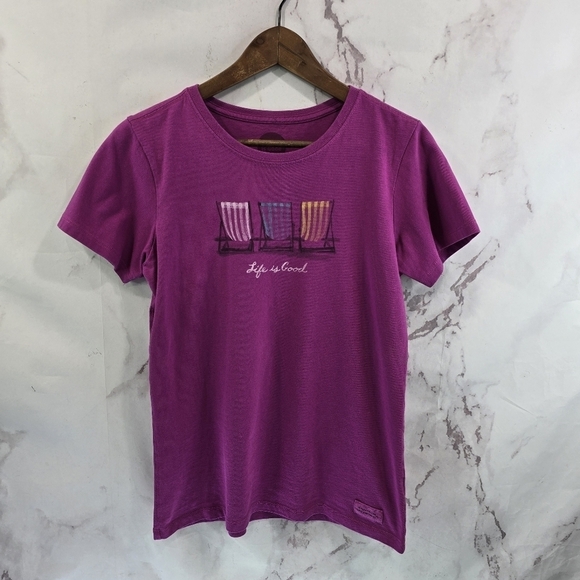 Life Is Good T Shirt Women Small Pink Crusher Tee Crew Beach Chairs Sun Bathing - Picture 1 of 10